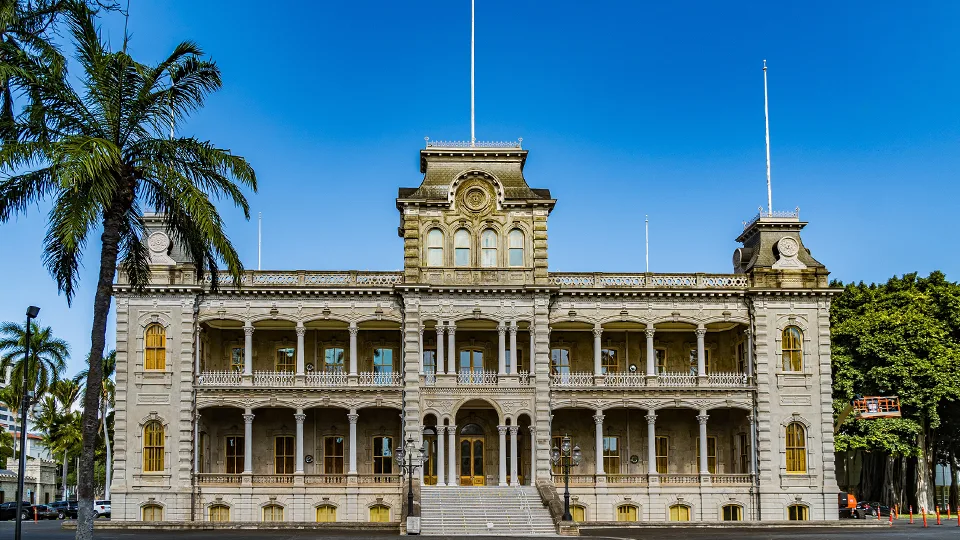 Front facade of Iolani Palace in downtown Honolulu, Oahu, the only official royal palace in the United States.