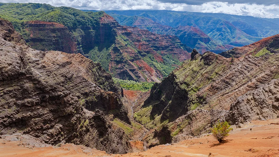 Panoramic view of Waimea Canyon on Kauai, also known as the Grand Canyon of the Pacific, featuring red and green cliffs and valleys.