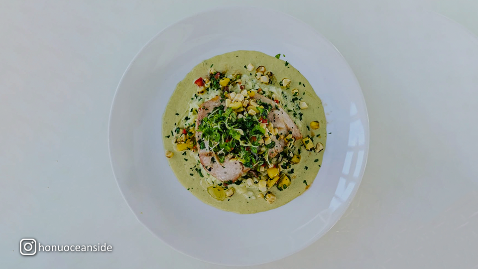 Grilled Monchong and Pancetta Risotto from Honu Oceanside in Lahaina