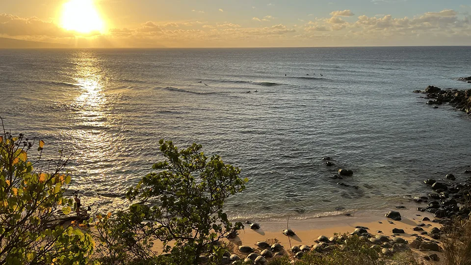 Sunset over Ho‘okipa Beach on Maui with surfers in the water and golden light reflecting off the ocean.