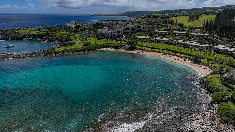 Drone image of Kapalua Bay with surrounding resort buildings, calm surf, and vibrant green landscaping.