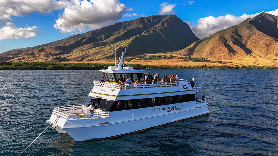 Aerial view of Pride of Maui ʻElua cruising near Maui coastline under blue sky