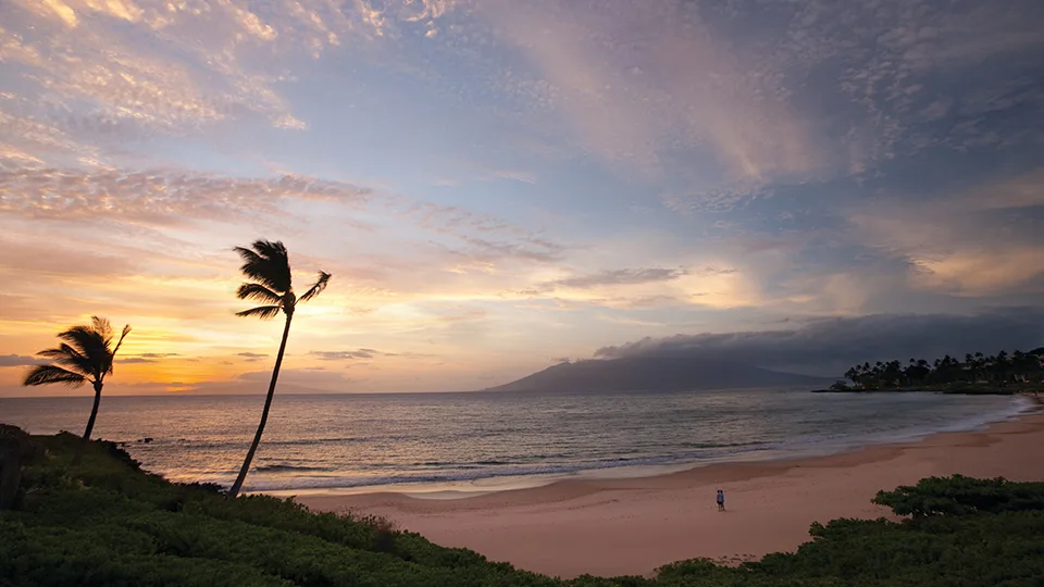 Sunset at Wailea Beach with silhouetted palms and glowing clouds.