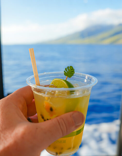 Tropical drink on ‘Elua after snorkeling, ocean and West Maui in background
