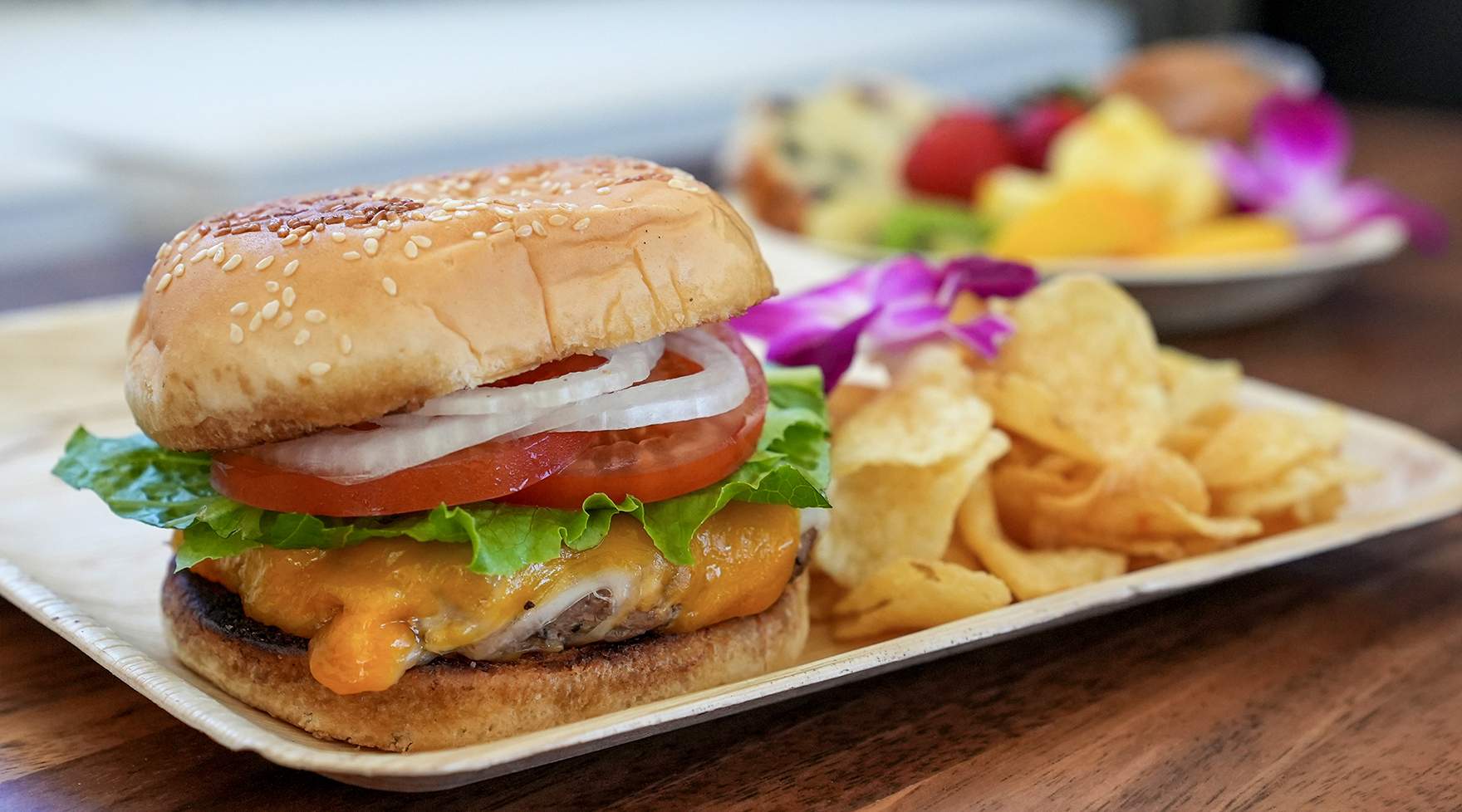 Cheeseburger lunch plate served aboard Pride of Maui.
