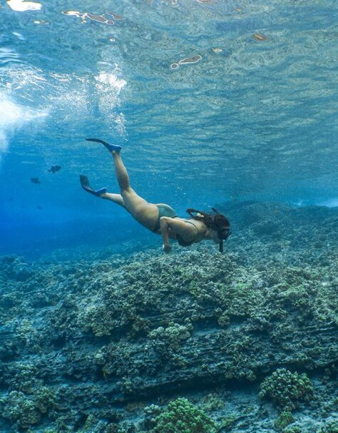 Snorkeler gliding over clear water and reef at Molokini.